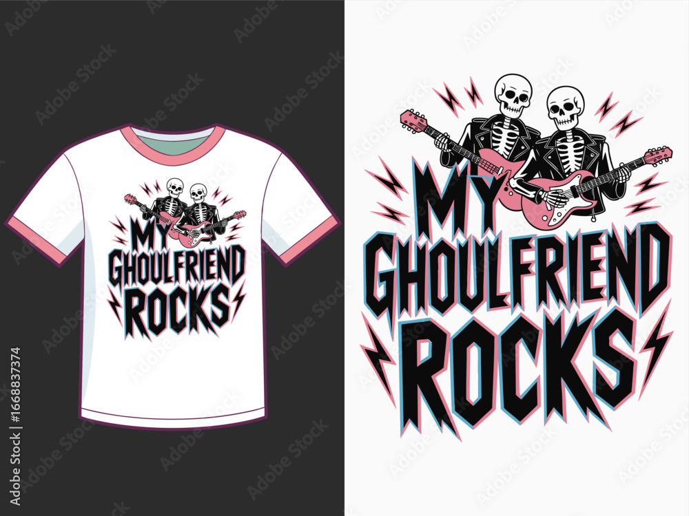 Obraz premium Spooky skeletons rocking guitars with 'My Ghoulfriend Rocks' text, perfect for Halloween or music fans
