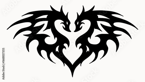 Two symmetrical black dragons facing each other with tribal wing designs forming a heart shape outline