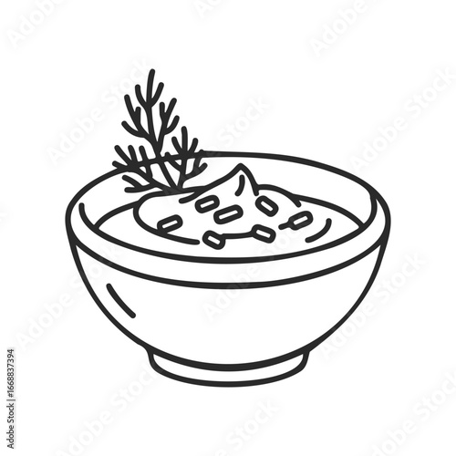 Line art drawing of a bowl of soup with herbs and croutons