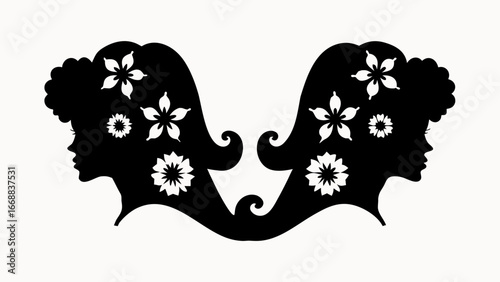 Silhouette of two women with flowers in their hair facing each other in black and white design