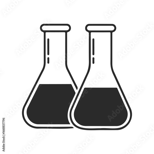 Black and white icon of two laboratory flasks filled with liquid