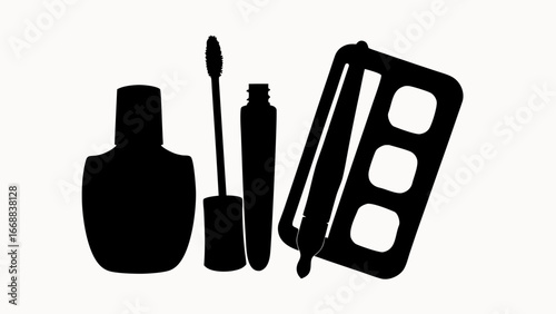 Silhouette of beauty products including nail polish mascara and eyeshadow palette on a white background
