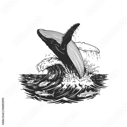 Whale breaching ocean waves with fish in black and white illustration