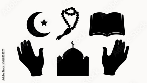 Islamic symbols including crescent moon, star, prayer beads, book, hands, and mosque are displayed