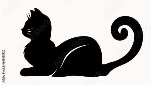 Silhouette of a black cat in a resting position with a curled tail on a white background image art