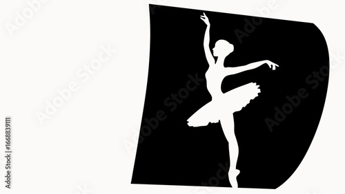 Silhouette of a ballerina in a tutu performing a graceful pose against a black background design element