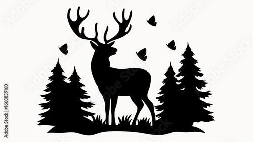 Silhouette of a deer with large antlers standing in a forest with butterflies flying around it at daytime