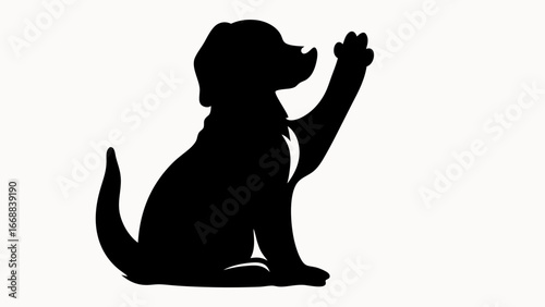 Silhouette of a dog sitting and raising its paw in a friendly gesture on a white background image