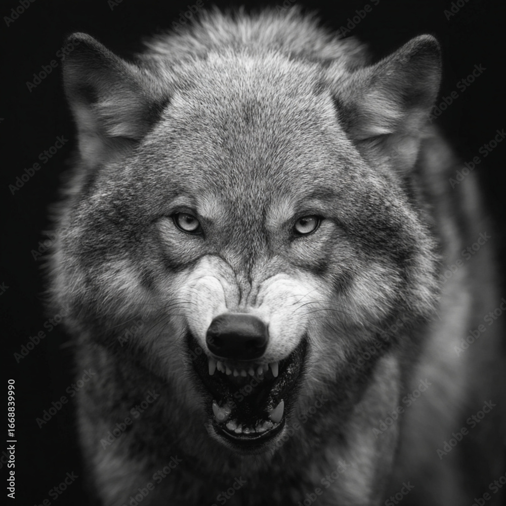 Fototapeta premium Grayscale extreme close-up of wolf face, snarling expression, realistic fur and teeth, powerful gaze, dramatic studio lighting.