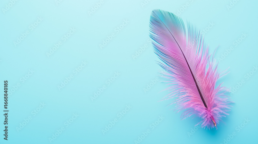 Obraz premium Minimalistic Mardi Gras background, isolated feather in Mardi Gras colors on blue background, space for text.