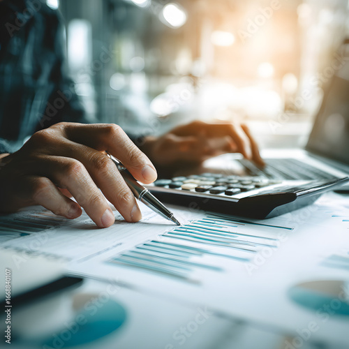 A person's hands are focused on a calculator and laptop, surrounded by financial reports and charts, suggesting business analysis.