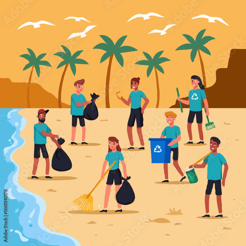 Diverse group of people cleaning up a tropical beach together