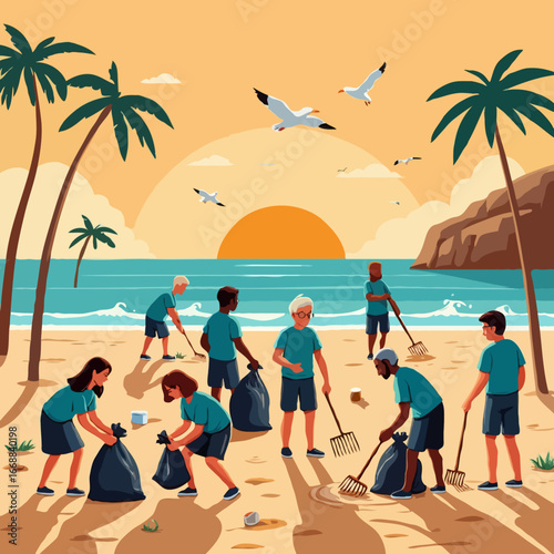 Diverse group of people cleaning a beach at sunset