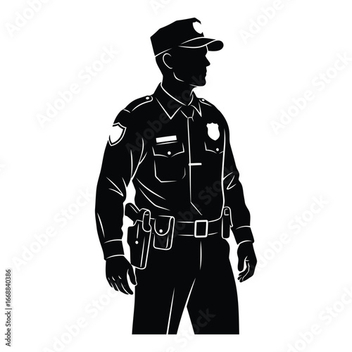 Silhouette of a police officer in uniform with equipment ready for duty standing alert silhouette