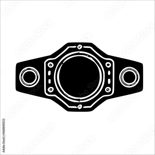 A stylized black and white illustration of a championship belt, isolated on white background.