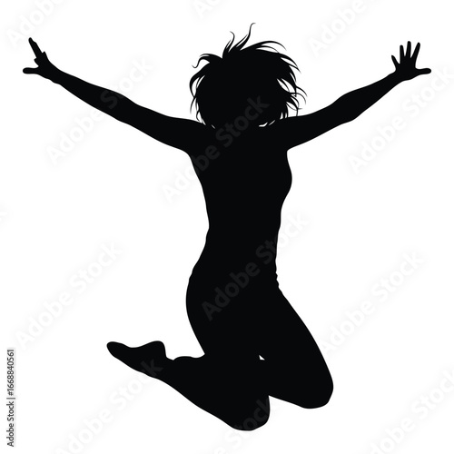 Energetic woman silhouette jumping for joy with arms raised high in celebration and freedom silhouette