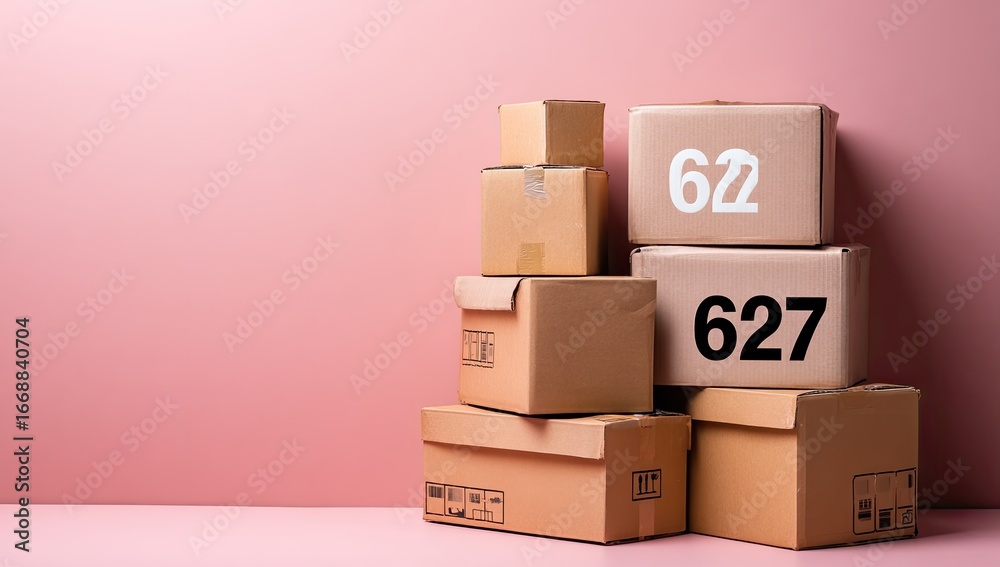 Fototapeta premium Stacked cardboard boxes against a pink background