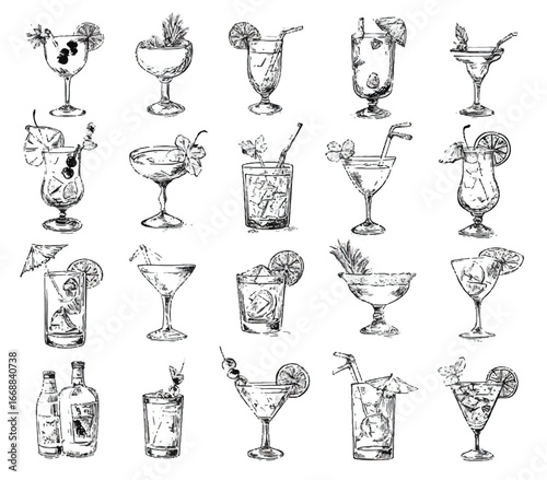 Hand Drawn Cocktail Illustrations for Summer Events and Drink Menus Featuring Tropical Garnishes and Refreshing Beverages