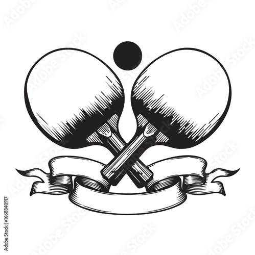 "Vintage Table Tennis Logo – Crossed Ping Pong Paddles with Ball and Ribbon Banner"