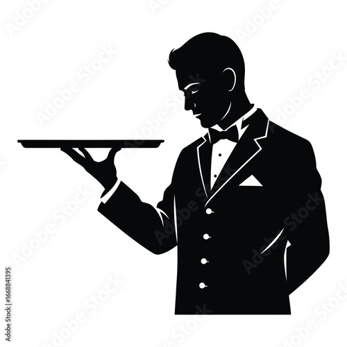 Elegant gentleman waiter in tuxedo holding serving tray ready to serve guests professionally silhouette