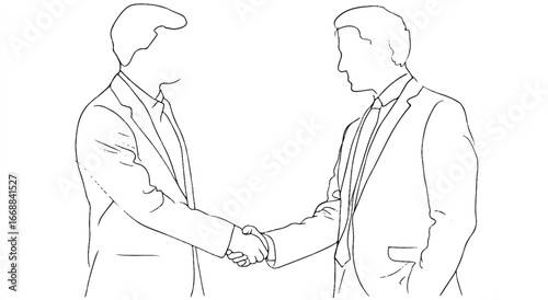 Handshake agreement illustration two businessmen in suits reaching an understanding closing a deal partnership and negotiation depicted in a clean outline style drawing