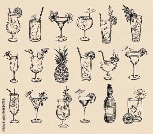 Hand drawn summer tropical cocktails drinks and pineapple in vintage retro style vector illustration for restaurant bar menu