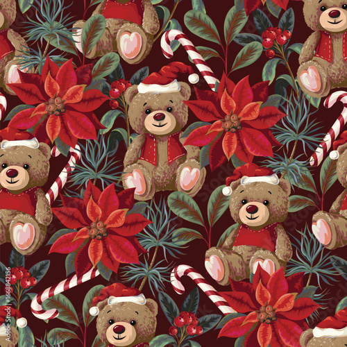 Vector seamless Christmas pattern with bear, poinsettia flower and candy