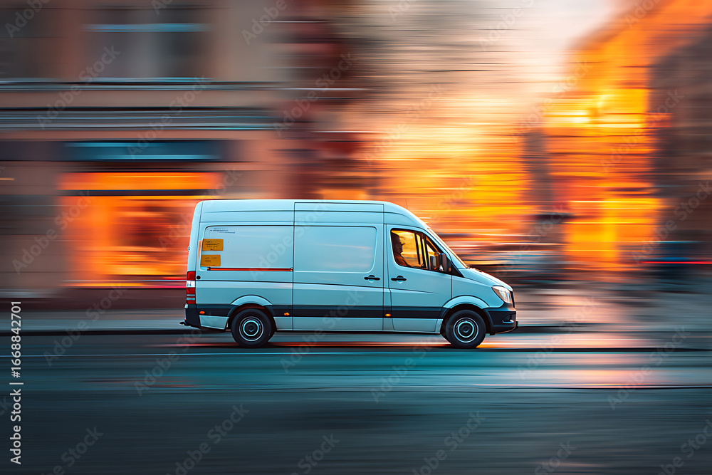 Fototapeta premium Speeding light delivery van on a blurred city street, showcasing urban transport and motion.