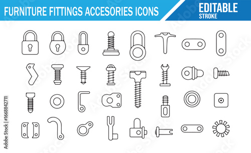 Vector Set of Furniture Accessories Icons for Locks, Screws, and Hinges