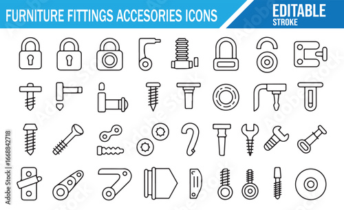 Line Icons of Furniture Fittings, Hardware, and Assembly Components