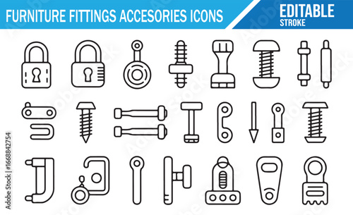 Editable Vector Icons of Furniture Accessories and Assembly Tools