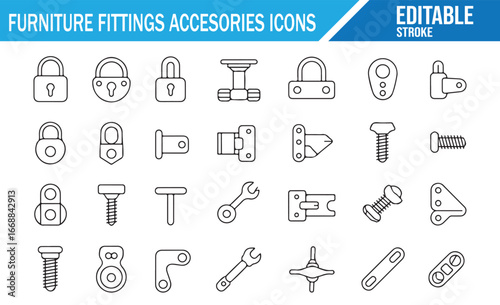 Editable Vector Furniture Fittings and Accessories Icons Set, Locks, Hinges, Screws, Bolts, Nuts, Hooks, Brackets, Handles, Mechanical Fasteners, Assembly Parts and Hardware for Furniture