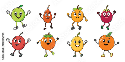 Joyful Fruit Cartoon Characters Dancing and Smiling on a White Background For Kids