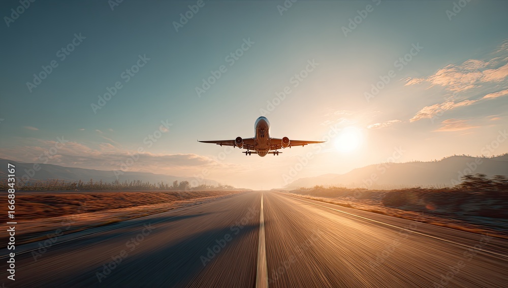 Fototapeta premium Airplane taking off at sunset over a runway