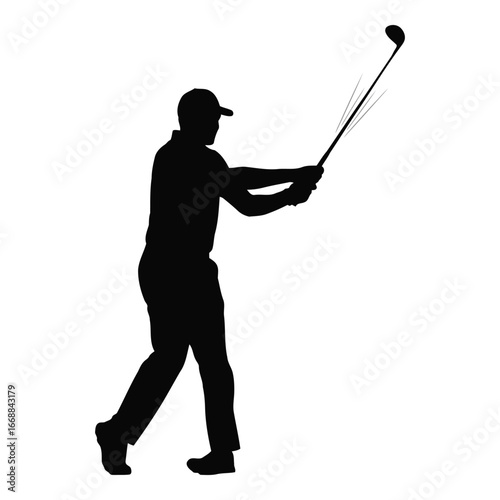 Silhouette of a golfer swinging a club captured in a dynamic moment of action on silhouette