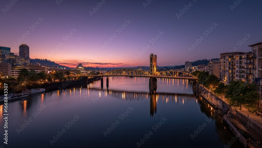 Obraz premium City skyline at dawn, bridge over river