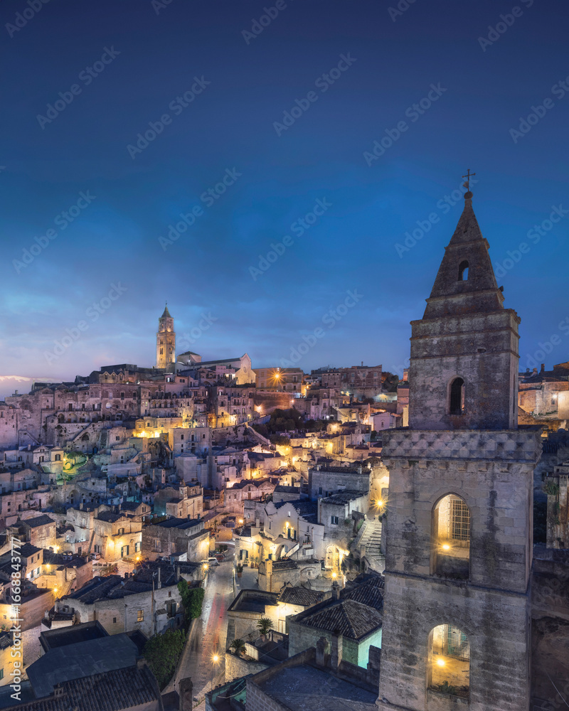 Fototapeta premium Blue hour over the Sassi of Matera at sunrise. Basilicata, Italy.