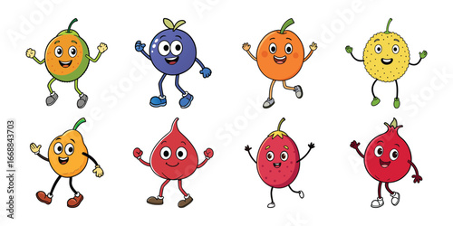 Collection of Cartoon Fruits with Faces and Limbs Dancing on a White Background