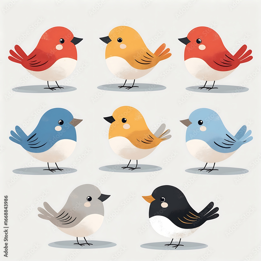 Fototapeta premium Group of colorful cartoon birds isolated on white background