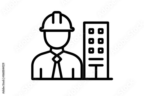 Developer icon with construction engineer in hard hat standing next to high-rise building, outline symbol of urban planning and real estate development