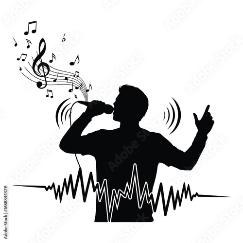 Silhouette of a singer performing live with musical notes sound waves and equalizer graphic silhouette