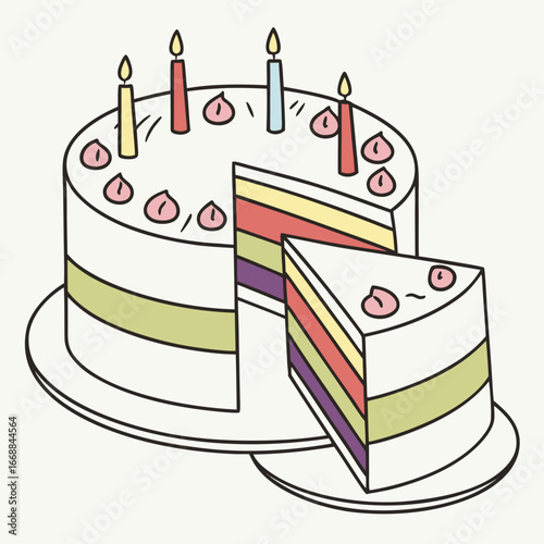 Birthday cake cut showing colorful layers.