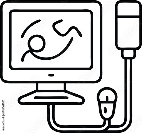 Medical ultrasound scanner icon in thin-line style, probe connected to monitor showing simple fetal silhouette.