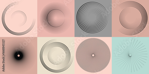 Lines and spirals in Circle Form .Rotate rounded shape Vector .Rotating dots form a circle .Rotating and linear design element . Various lines forming round shape . Abstract Geometric line art 