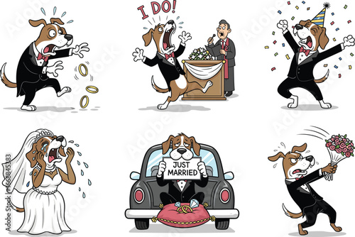 Cartoon dogs, wedding ceremony, funny animals, bride and groom, celebration, bouquet toss, just married, rings, tuxedo, dress, humor, vector illustration, anthropomorphic characters, party scene