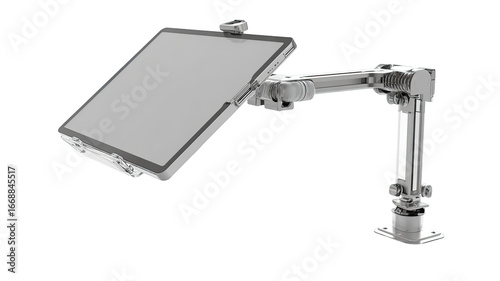Gray tablet mount with adjustable arm.  Flat, rectangular tablet sits angled.  Arm extends from base.  Solid construction