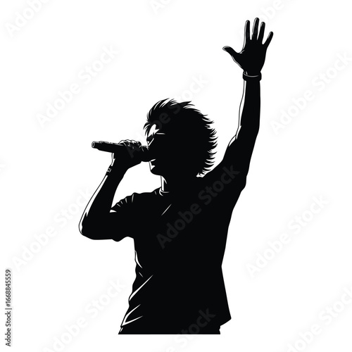 Dynamic silhouette of a singer performing with arm raised in energetic concert silhouette