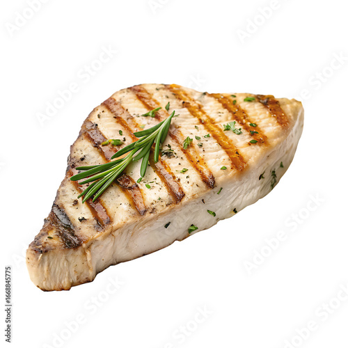 A grilled swordfish steak with herbs isolated on a transparent background