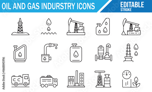 Vector Icons Representing Petroleum Extraction, Gas Industry, and Fuel