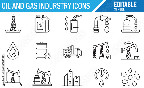 Set of Editable Oil and Gas Industry Icons for Energy Engineering